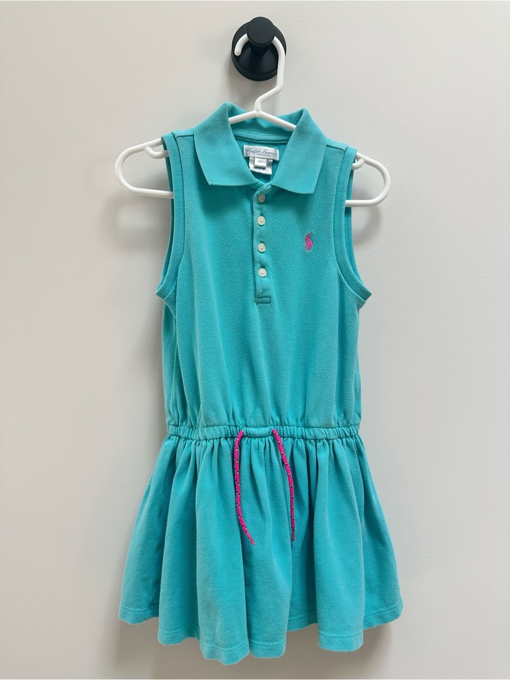 Ralph Lauren Turquoise Sleeveless Polo Dress with Pink Pony & Drawstring, 24M
